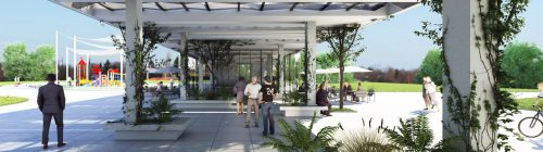 פארק נחל באר שבע – מתחם הספורטק, מבנה כניסה ראשית, מלתחות שחקנים ושירותים.